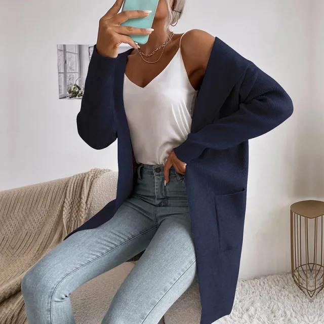 European And American Sunken Stripe Knitted Hoodie Casual Sweater Coat For Women Dark Blue - Shop at LoveMi