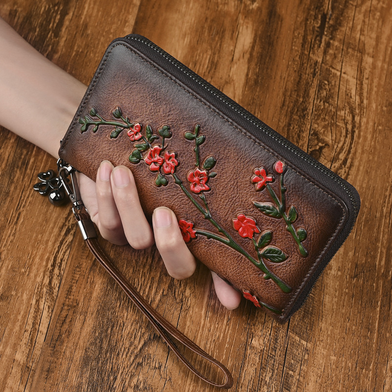 Portefeuille long en cuir véritable pour femme – Motif gravé vintage, nombreux rangements