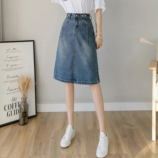 Summer Design Denim Skirt Mid length Dark Blue - Shop at LoveMi