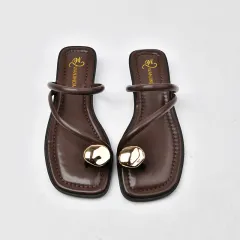 Women's Chunky Heel Small Golden Button Toe Covering Small Wedge Beach Outdoor Slippers - Brown - View 1