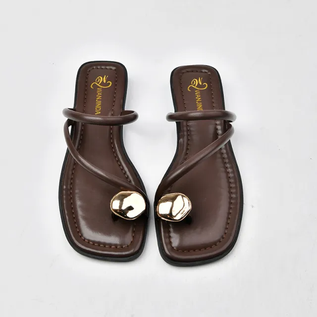 Women's Chunky Heel Small Golden Button Toe Covering Small Wedge Beach Outdoor Slippers Brown - Shop at LoveMi