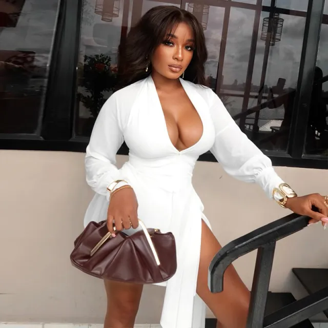 Pure Color Suit Pencil Skirt Sexy V neck Long Sleeve Short White - Shop at LoveMi