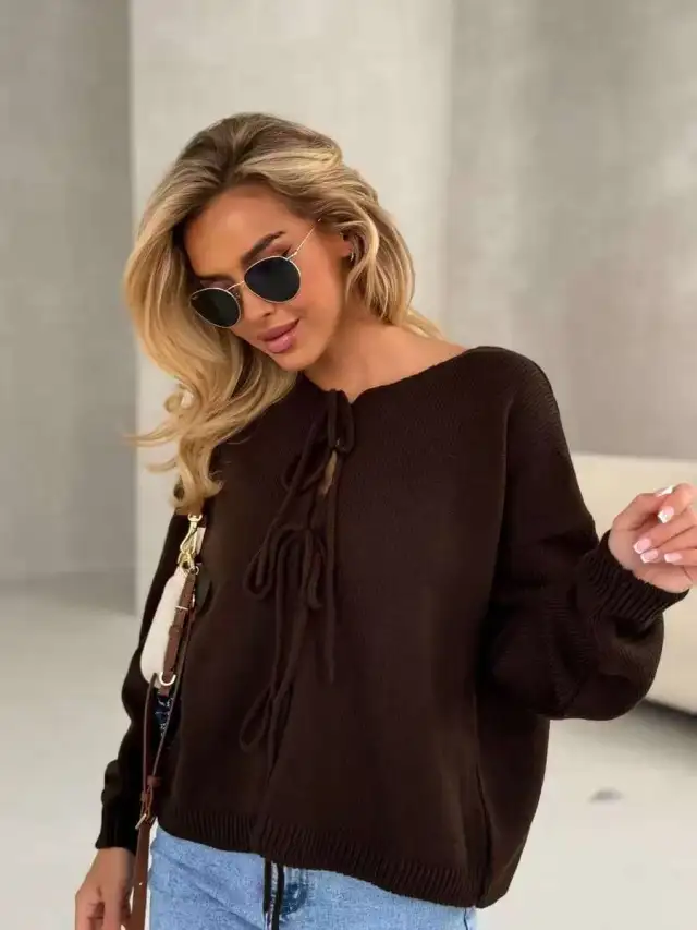 Loose Round neck Long sleeved Women's Sweater Brown - Shop at LoveMi