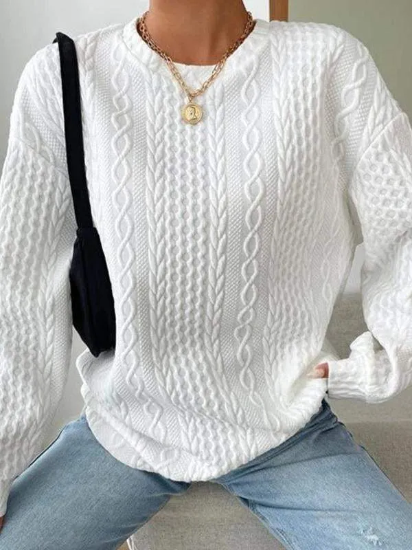 Women's Casual And Comfortable Jacquard Round Neck Sweater White - Shop at LoveMi