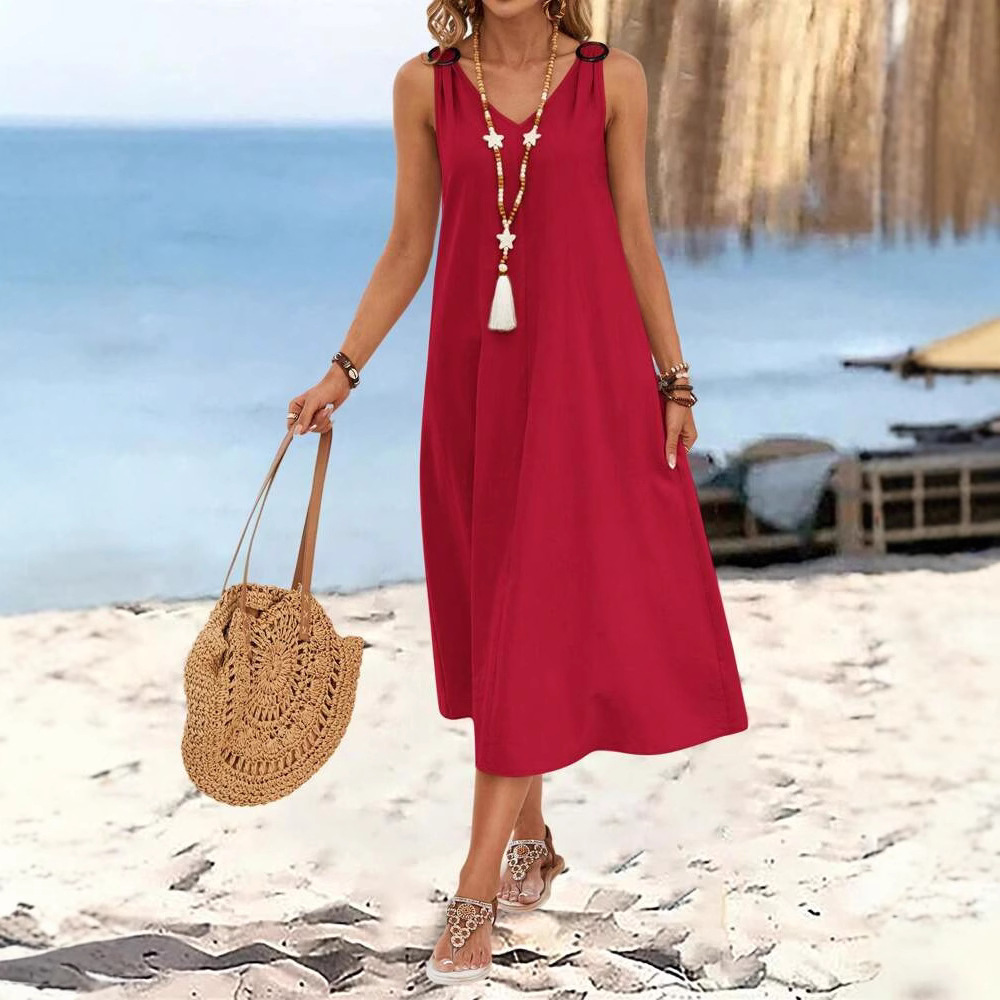Elegant Women's Buckle V-neck Sleeveless Dress