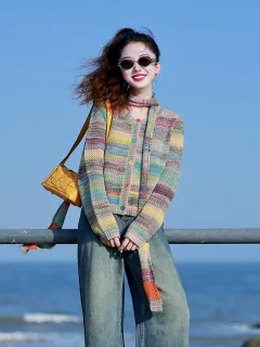 Dopamine Rainbow Fashionable Western Style Youthful-looking Knitted Cardigan - Rainbow Sweater - View 1