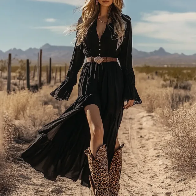 Western style Solid color V neck Long Sleeve Dress For Women Black Without Belt - Shop at LoveMi
