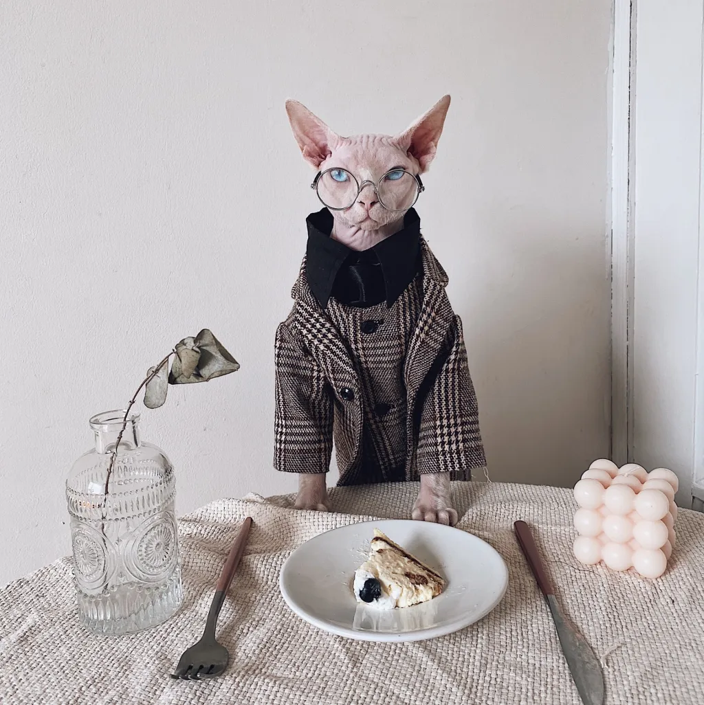 Hairless Cat Clothes Sphinx Cat German Suit Shirt Outfit - Camel Plaid Blazer