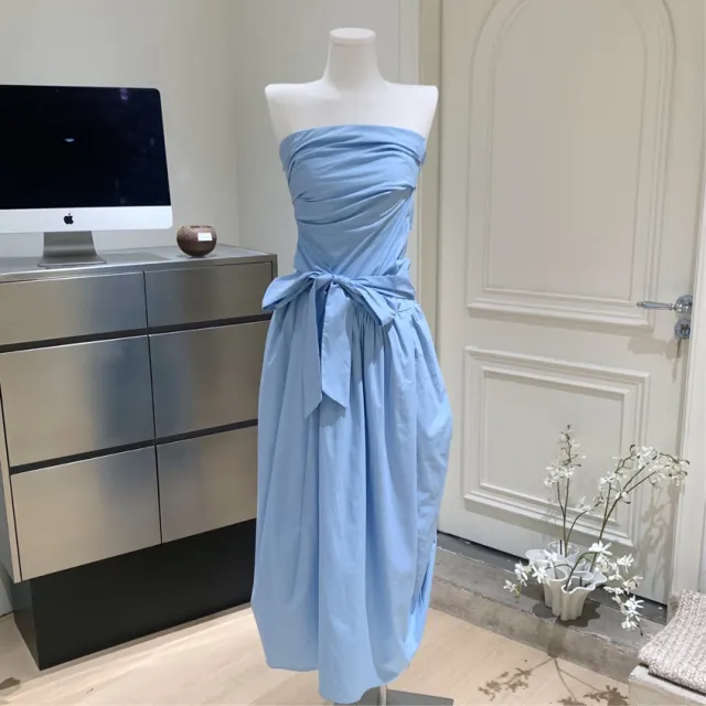 Mint Mambo Green Vacation Style Tube Top Lace up Dress Loose And Irregular Pleated Midi Dress Without Chest Pad Sky Blue - Shop at LoveMi