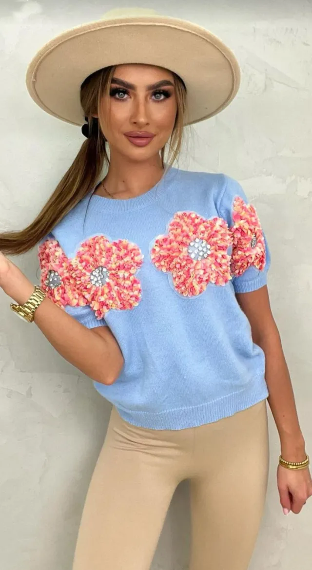 European And American Contrast Color Flower Sweet Pink Round collar Short Sleeve Sweater Blue Red Flower - Shop at LoveMi