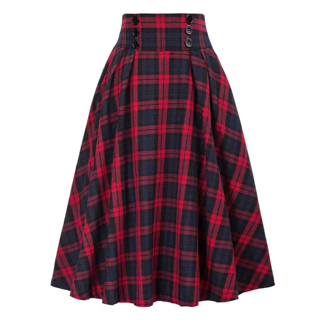High Waist Plaid Big Hem Skirt Fall Winter Plaid Elastic Waist A Line Skirt Red - Shop at LoveMi