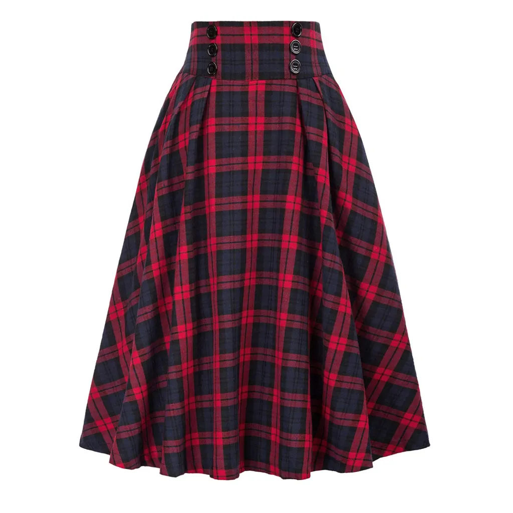 High Waist Plaid Big Hem Skirt Fall Winter Plaid Elastic Waist A- Line Skirt - Red