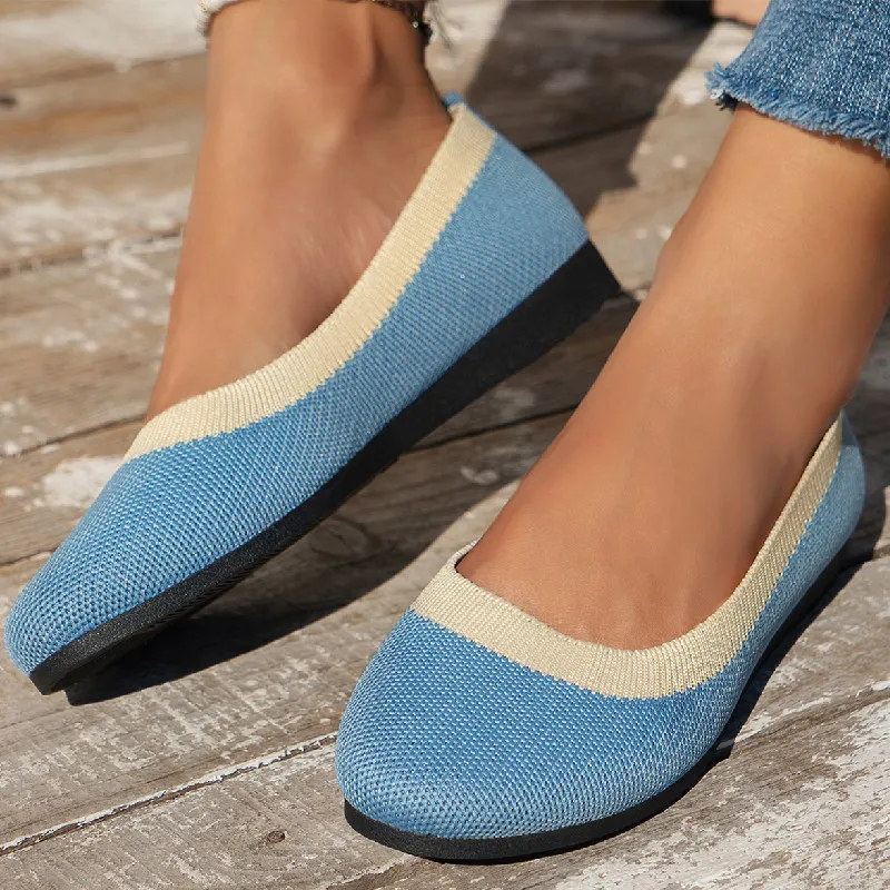 Knit Breathable Low-cut Pumps Flat Round Toe Slip-on Flying Woven Lazy Work Shoes - Blue
