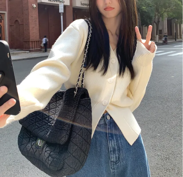 Black Sweater Cardigan Women's Outer Wear Waist controlled Top Coat Creamy White - Shop at LoveMi