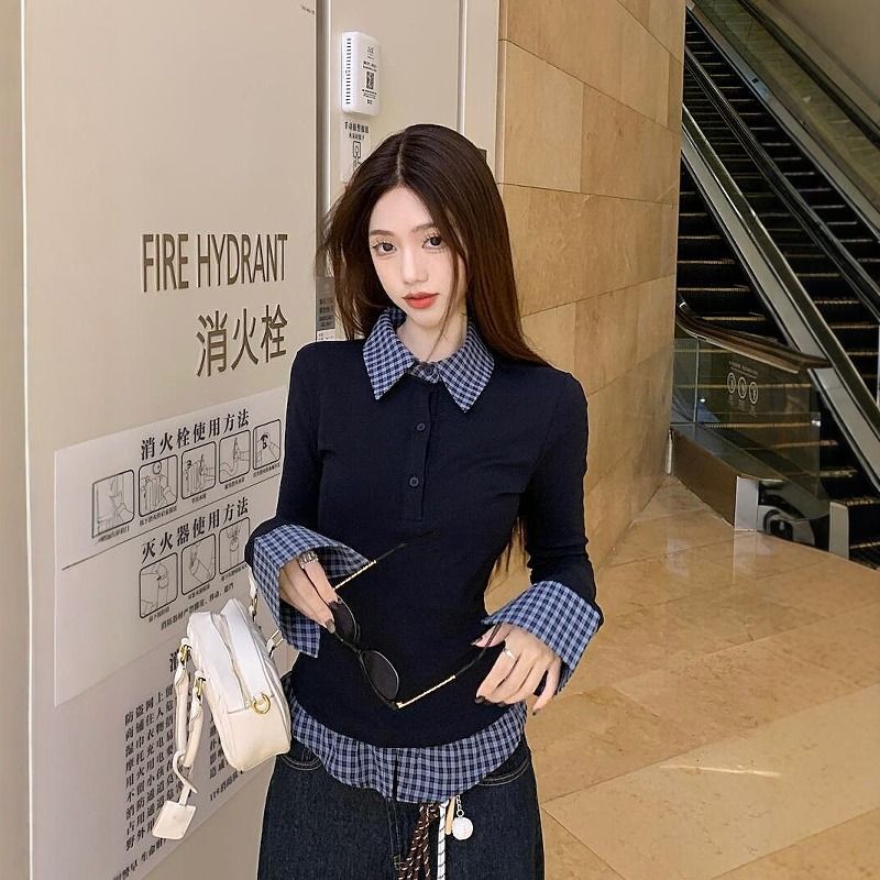 Polo Collar Fake Two Piece Bottoming Slim Fit Top - Image 2