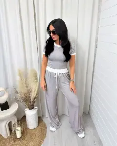 Casual Minimalist Solid Color Short Sleeve Top And Wide Leg Pants Set - Gray - View 1