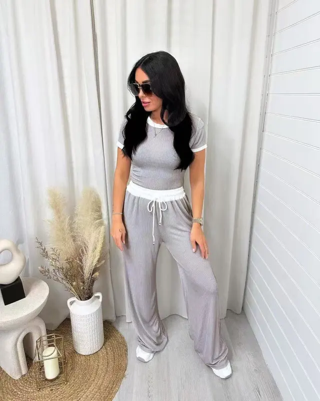 Casual Minimalist Solid Color Short Sleeve Top And Wide Leg Pants Set Gray - Shop at LoveMi