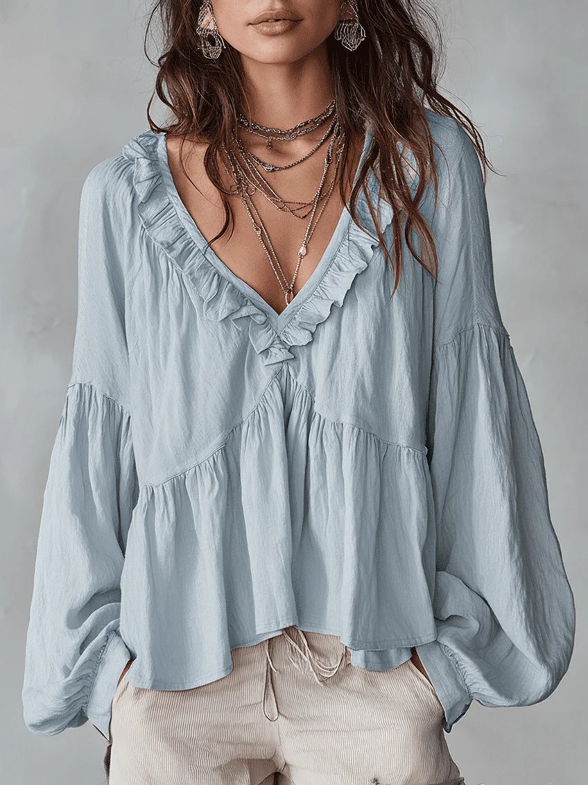 Ruffle-trimmed Puff-sleeve Pleated Blouse