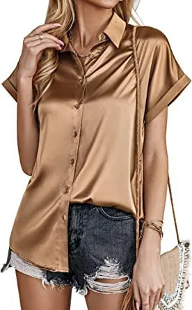Multicolor Silk Short Sleeve Satin Button Shirt Casual Loose Top Multicolor - Shop at LoveMi