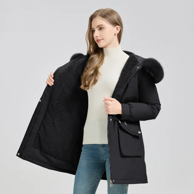 Women's Winter Fur Lined Hooded Parka Coat Mid Length Down Black - Shop at LoveMi