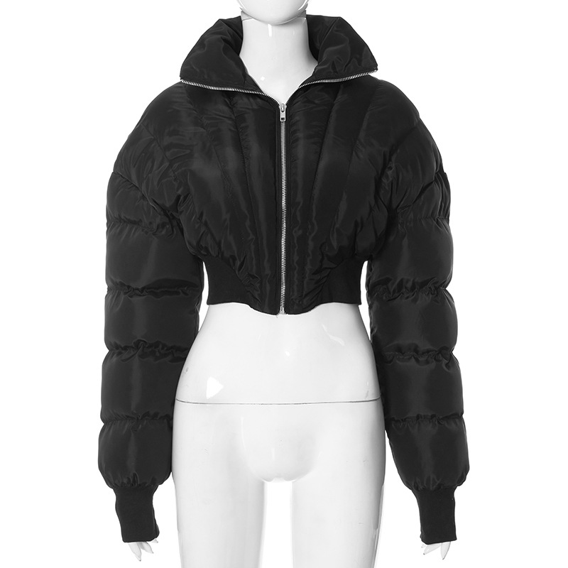 New Solid Color Casual Polo Collar Long sleeve Zipper Slim Fit Midriff baring Jacket Black - Shop at LoveMi