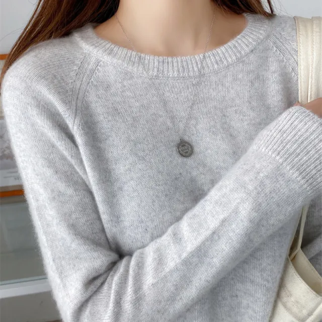 Women's Fashionable Simple Solid Color Round Neck Sweater Light Gray - Shop at LoveMi