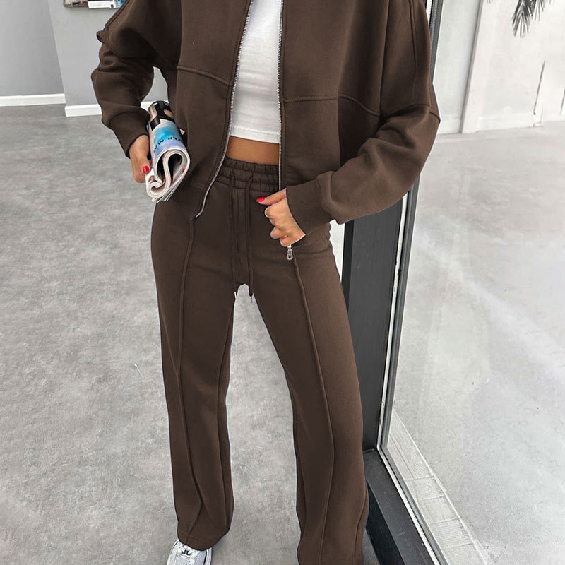 Fleece Zipper Cardigan Women's Clothes Fashion Casual Straight Pants Suit