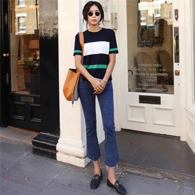 New Loose Elastic Eight Points Bootcut Trousers Blue Cropped Pants - Shop at LoveMi