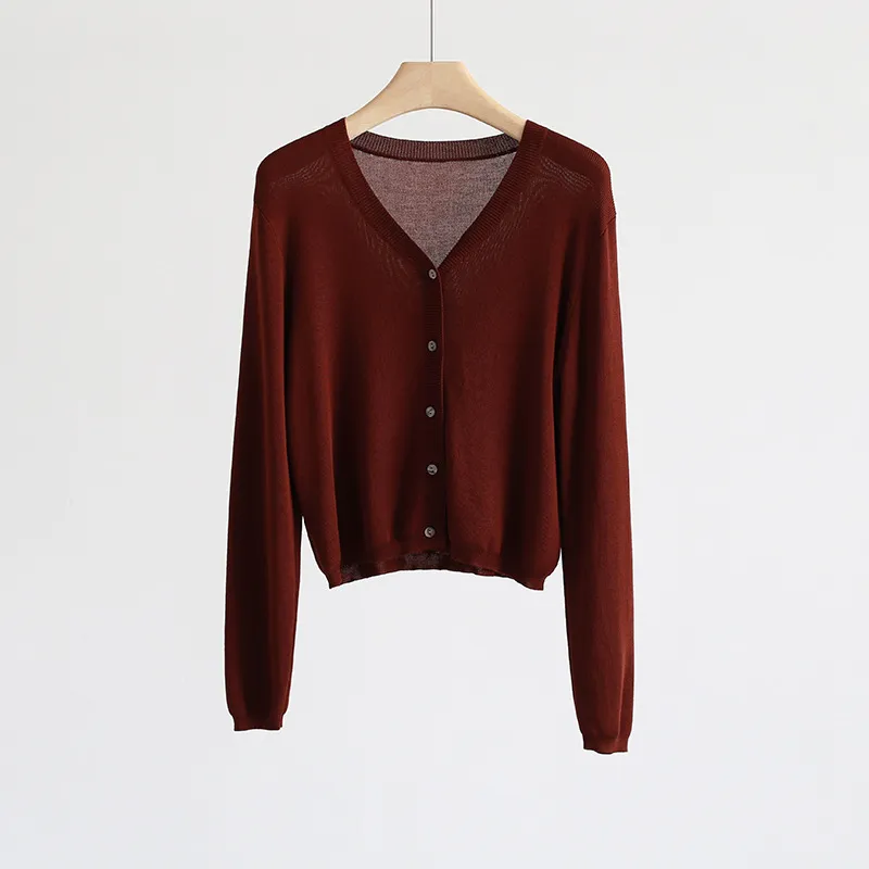 Spring And Summer V-neck Short Tencel Knitted Cardigan Pure Colour All-matching - Cherrywood