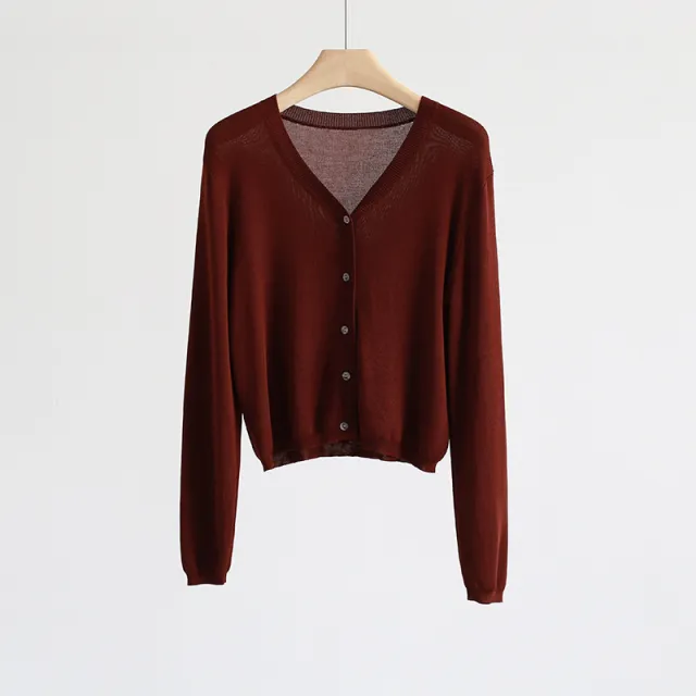 Spring And Summer V neck Short Tencel Knitted Cardigan Pure Color All matching Cherrywood - Shop at LoveMi