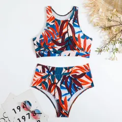 Nylon Solid Color Printing Split Height Belt Swimsuit With Chest Pad - Color-M - View 1