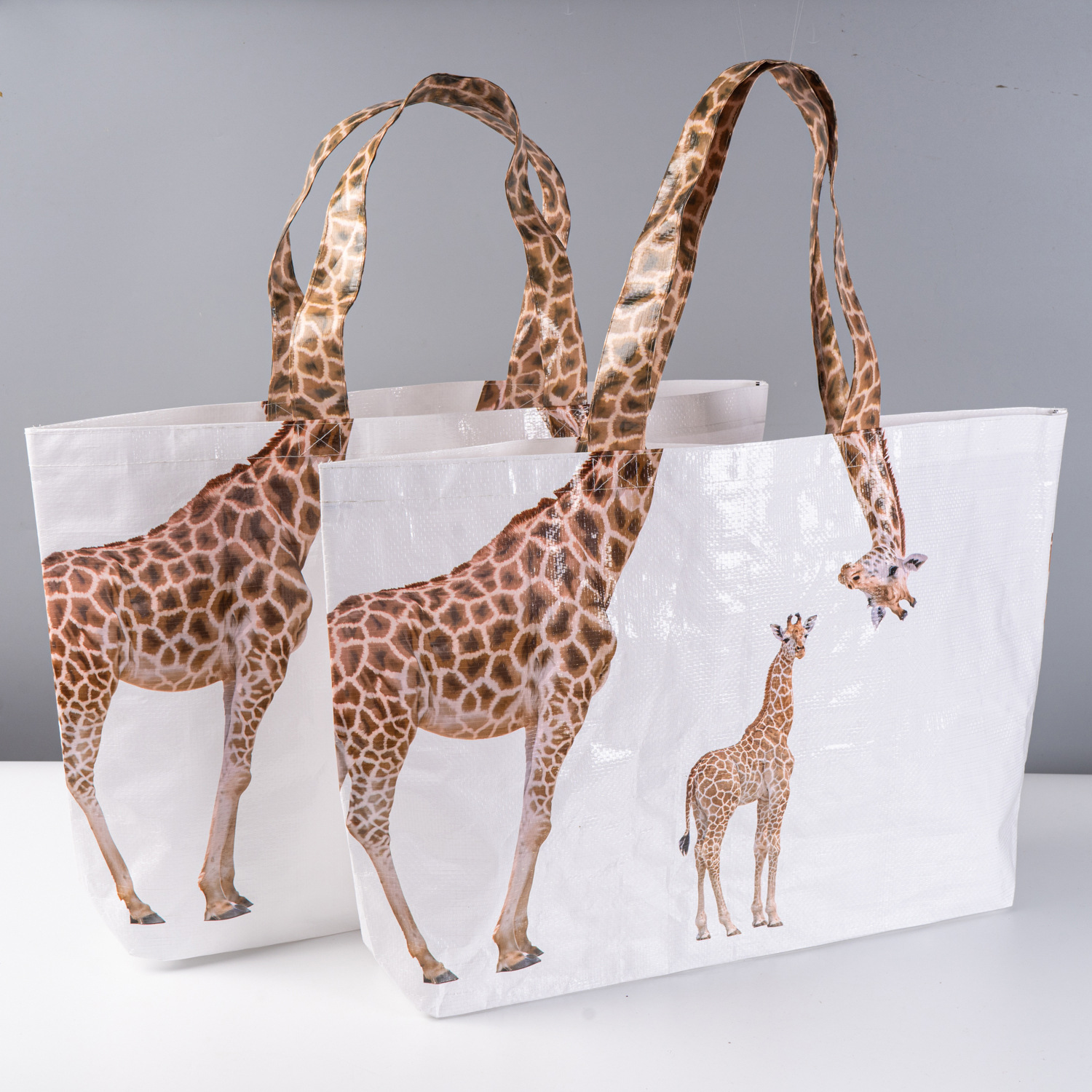 Woven Tote With Giraffe Design Laminated Finish Large Capacity Shopping Bag