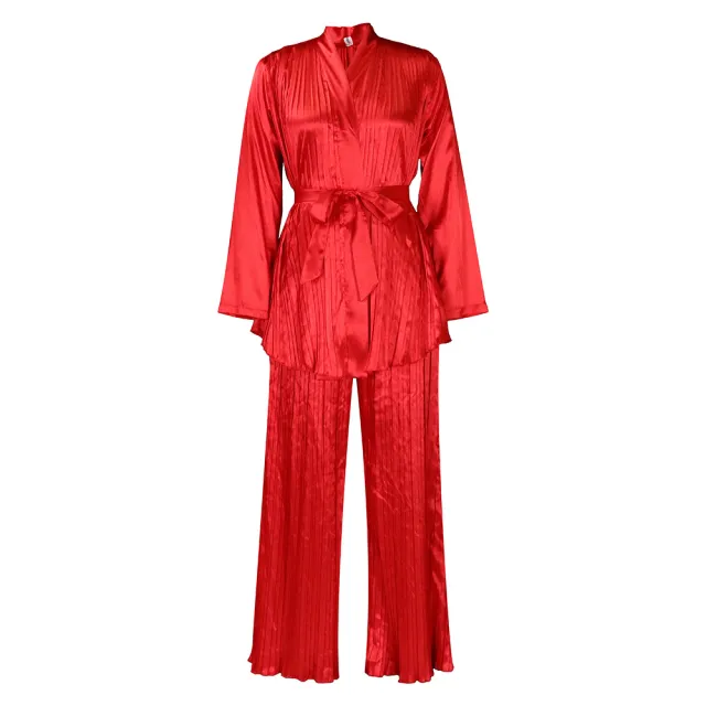 Solid Color Pleated Loose Long Sleeve Tied Shirt And Trousers Two piece Set Red - Shop at LoveMi