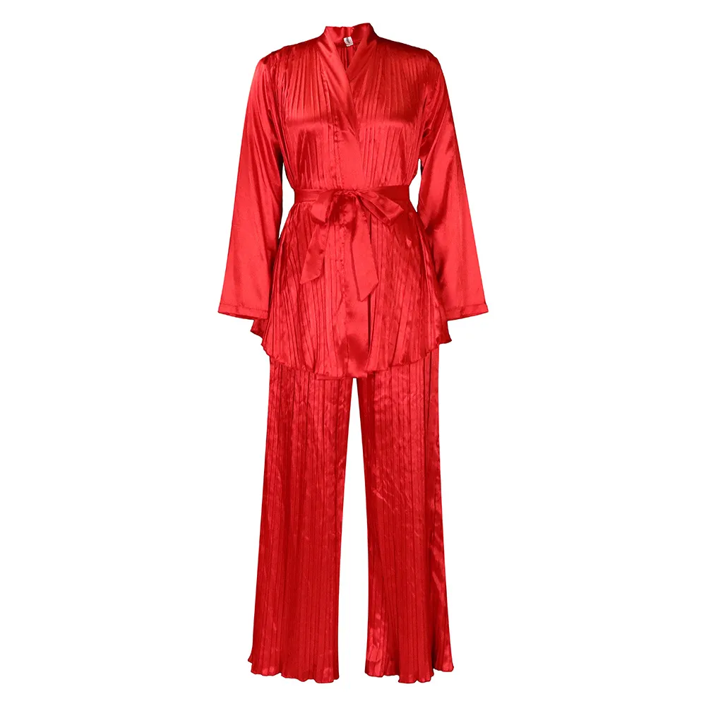 Solid Colour Pleated Loose Long Sleeve Tied Shirt And Trousers Two-piece Set - Red