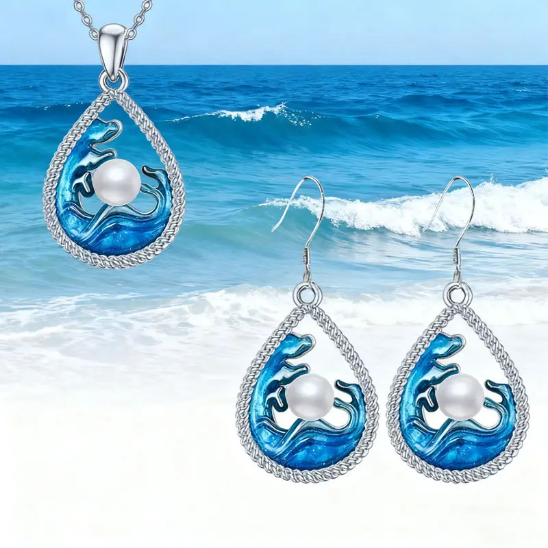 Blue Wave Water Drop Earrings And Pendant