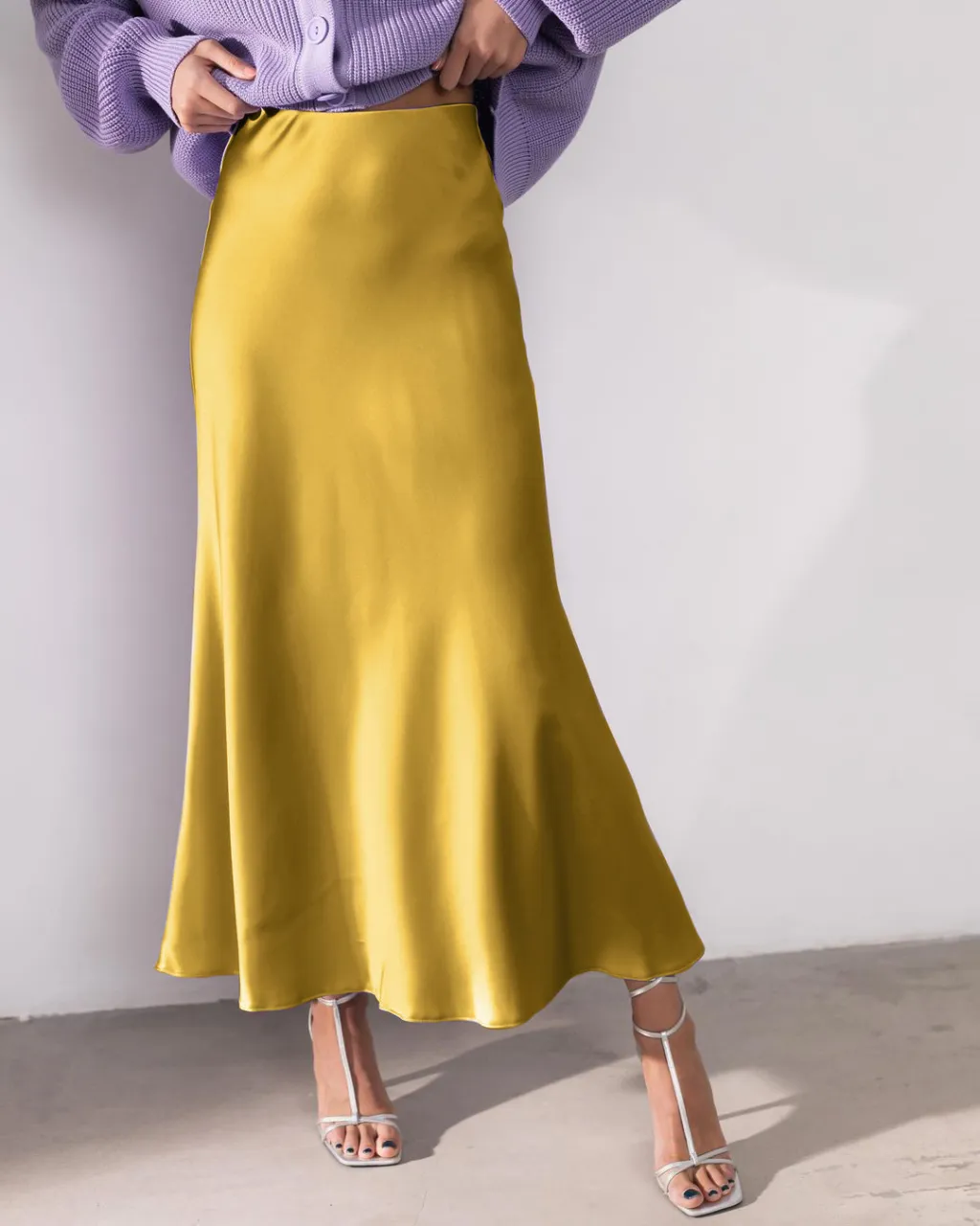 Long Sleeve High Waist Artificial Silk Elegant Fishtail Skirt Draping Satin Slit Skirt - Yellow