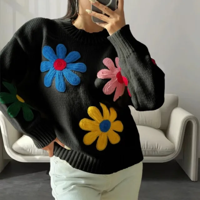 Color Little Flower Women's Machine Embroidery Pullover Sweater Black - Shop at LoveMi