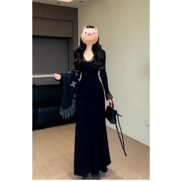 Women's Waist cinching Figure flattering Long sleeve Knit Dress Black - Shop at LoveMi