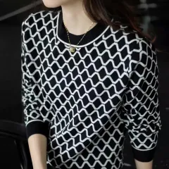 Wave Rhombus Plaid Slimming Wool Base Shirt Inner Knitted Sweater For Women - Black - View 1