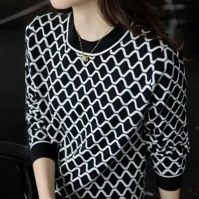 Wave Rhombus Plaid Slimming Wool Base Shirt Inner Knitted Sweater For Women Black - Shop at LoveMi