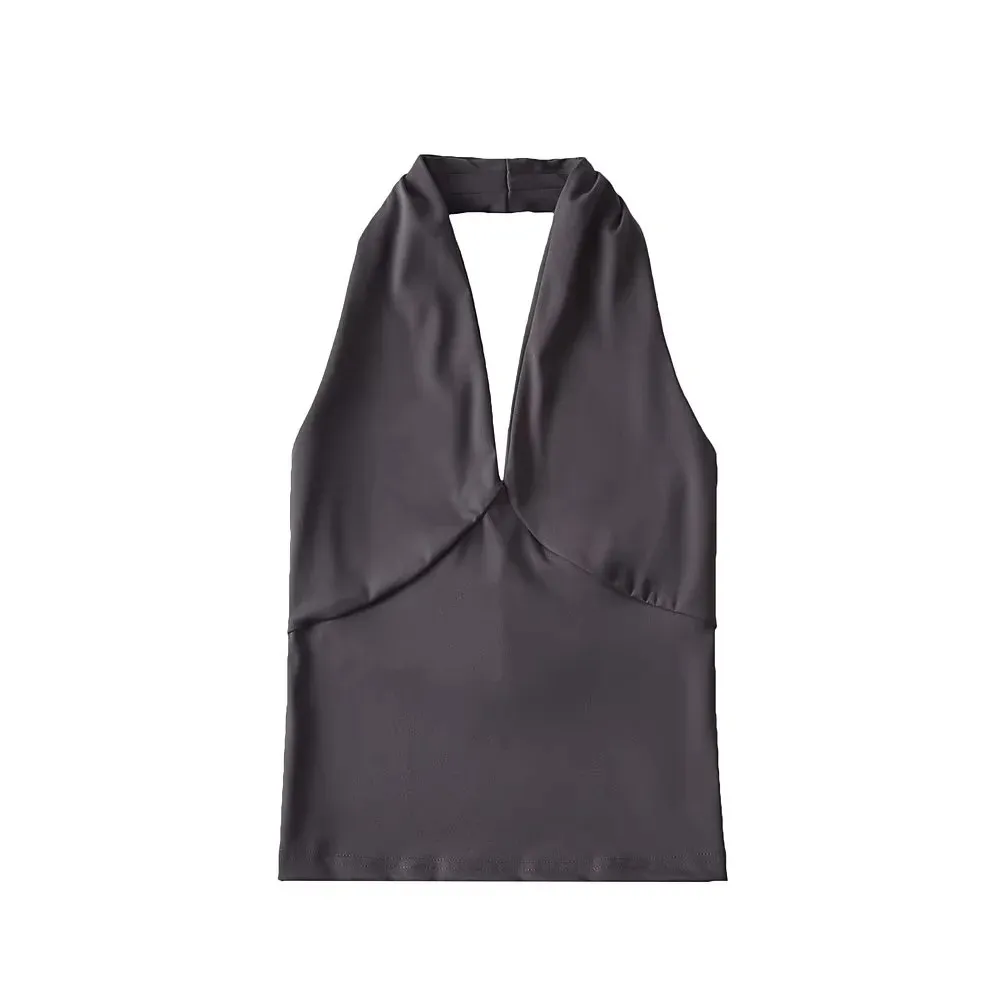 American-style Deep V-neck Halter Vest Women's Outer Wear Design Slim-fit Short High Waist Top - Charcoal