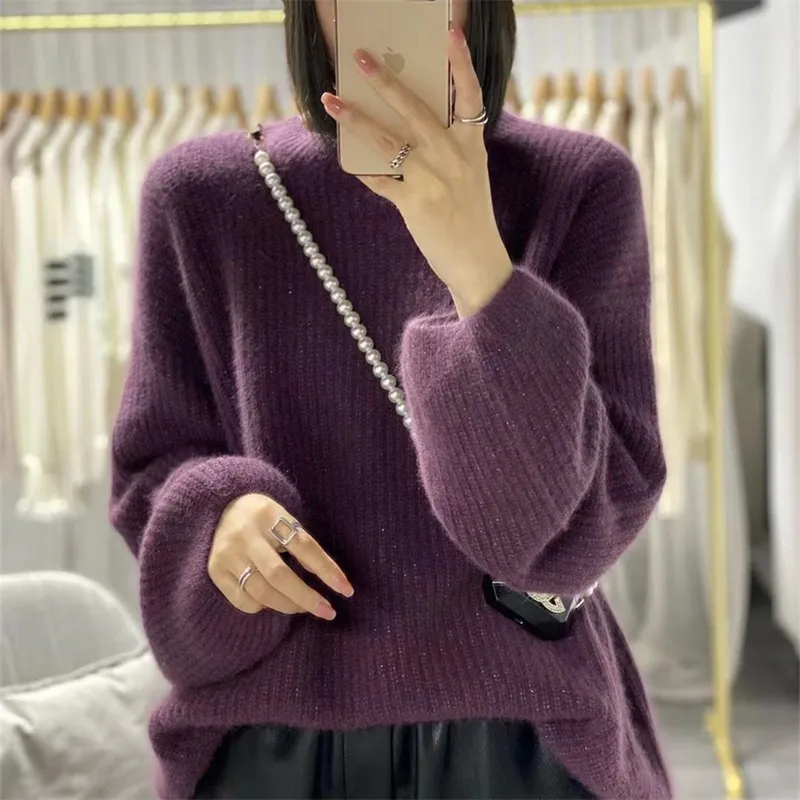 Bright Silk Sweater Female Bishop Sleeves Top Outer Wear Bottoming Shirt - Purple