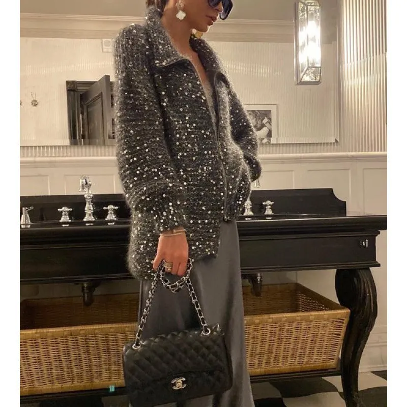 Western Classy Style Fashion Sequin Design Knitwear Coat - Black