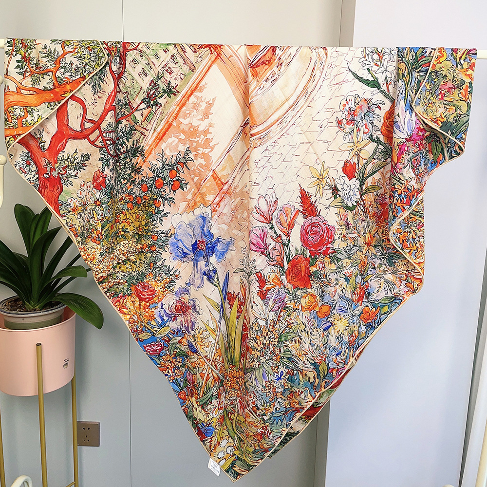 Elegant Back Garden Style Silk Wool Square Scarf