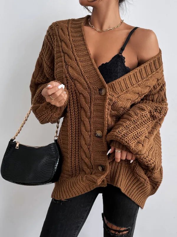 V neck Sweater Women's Retro Fashion Loose Twist Knitted Coat Dark Brown - Shop at LoveMi