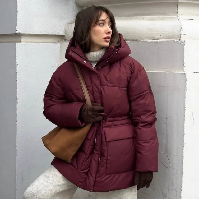 Wine Red Hooded Cotton Jacket Lace up Waist Zipper Bread Thermal Cotton padded Coat Wine Red - Shop at LoveMi