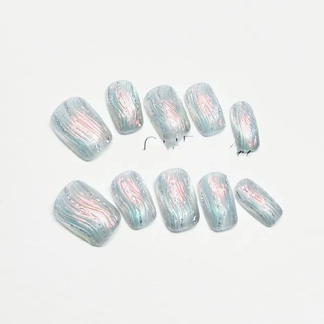Blue Cat's Eye Short Fake Nails Water Wave - Shop at LoveMi