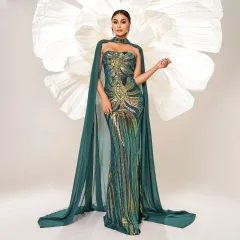 European And American New Long Sleeve Round-neck Long Sequins Dress - Green - View 1