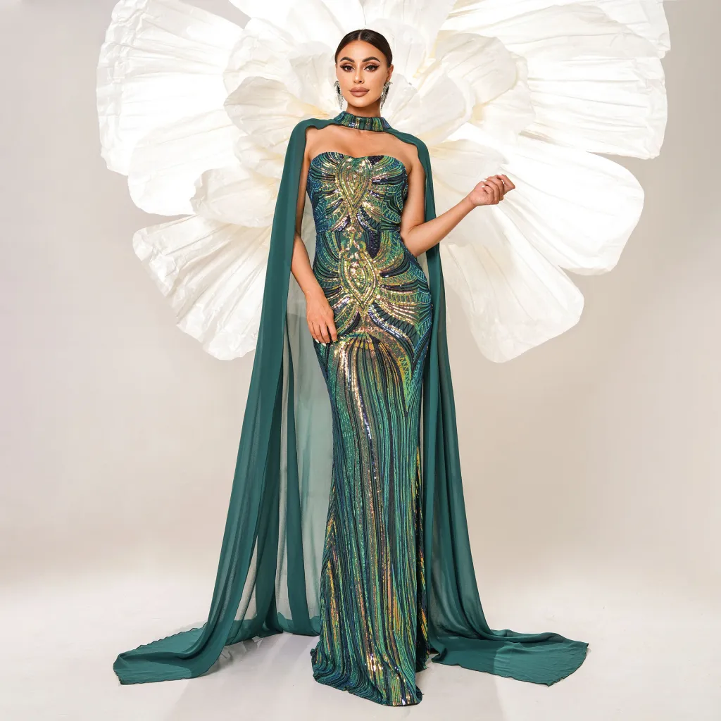 European And American New Long Sleeve Round-neck Long Sequins Dress - Green