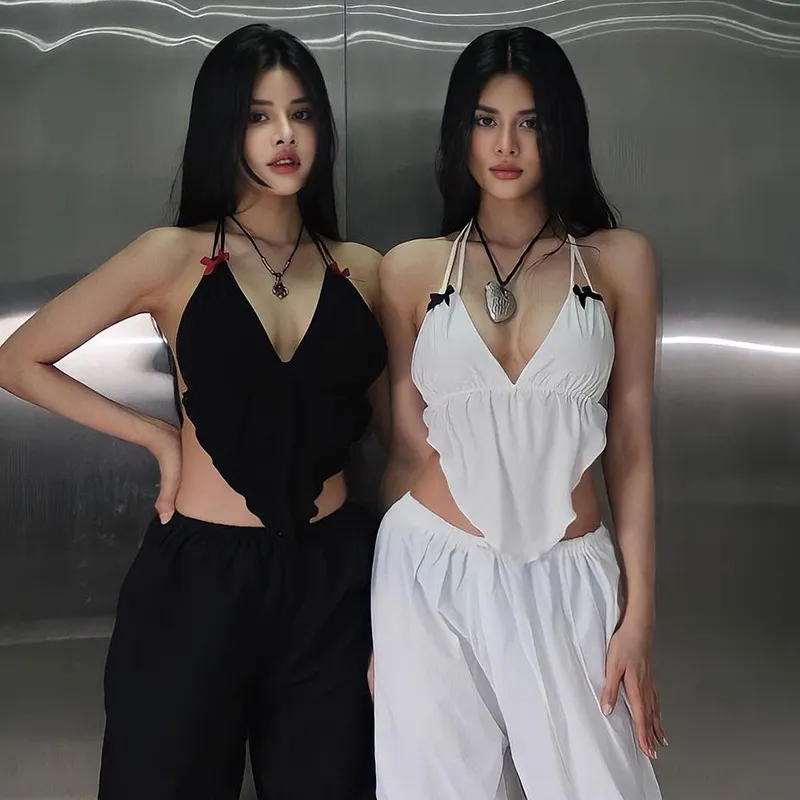 Sexy Slim-fit Contrast Color Bow Suspenders Top For Women - Black
